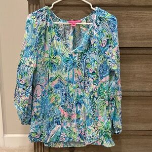 Lilly Pulitzer Tropical Print Blouse in Blue and Pink